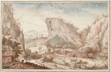 Alpine Landscape with Travellers near a Village